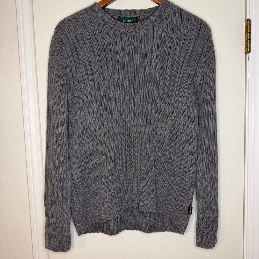 Lauren Ralph Lauren Petite Grey Ribbed Cotton Crew Neck Sweater L